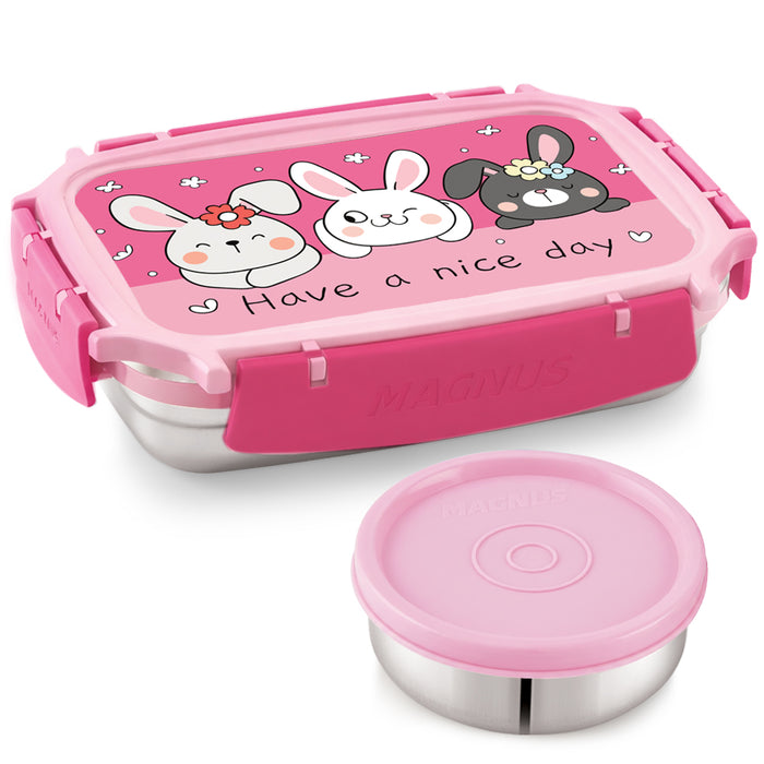 Magnus Magic Switch Junior Stainless Steel Lunch Box for Kids & School | 550 ml Main Container + 100ml Round Container | Airtight & Leakproof Tiffin Box with 3D Lenticular Sticker | Pink