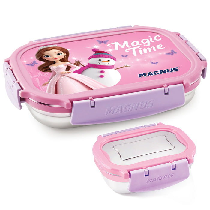 Magnus Magic Switch Senior Stainless Steel Lunch Box for Kids | 800ml Main Container + 150ml SS Container | Airtight & Leakproof Tiffin Box with 3D Lenticular Sticker & Detachable Clips | Pink