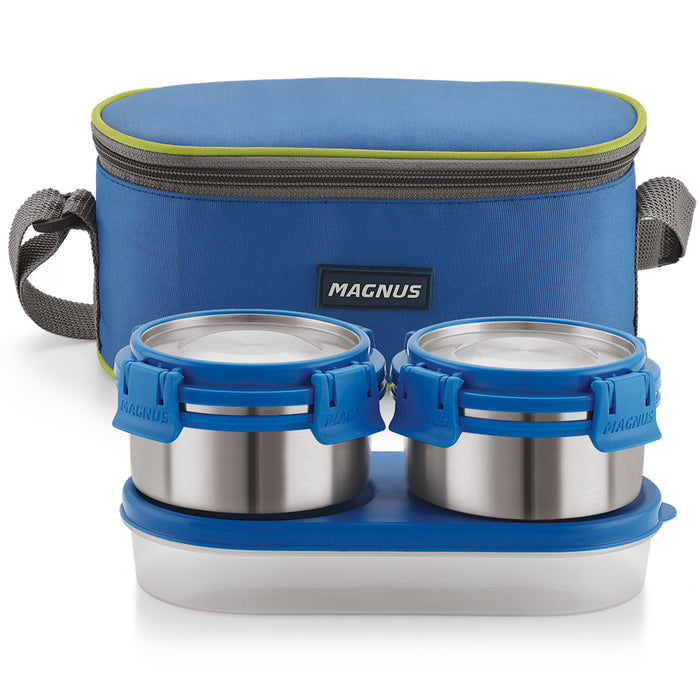 Magnus Avanza 3 Deluxe Stainless Steel Lunch Box with Plastic Container | Airtight & Leakproof | Ideal Lunch Box for Kids & Lunch Boxes for Office Men and Women with Carrying Pouch