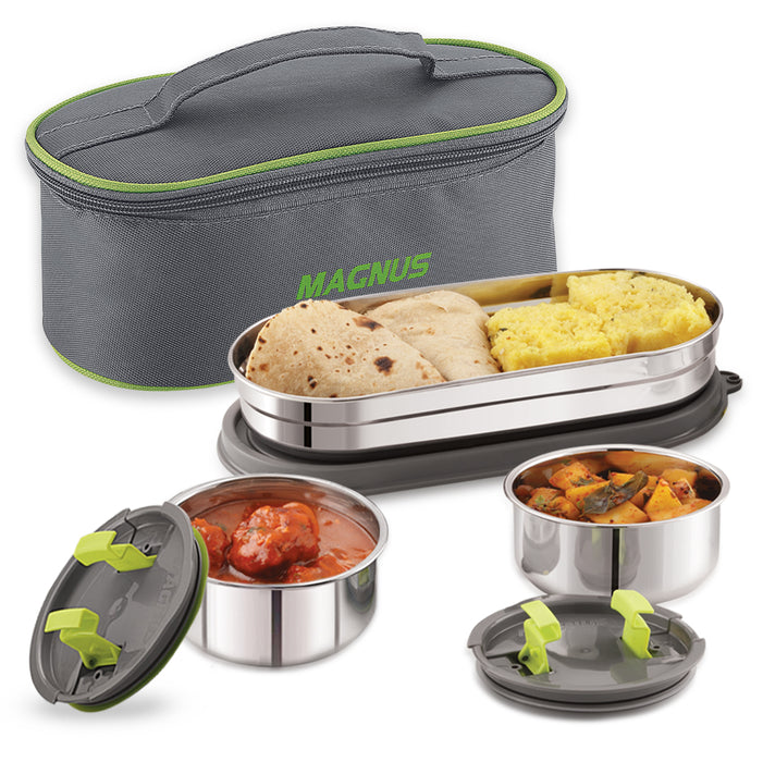 Magnus Olive-3 Prime Steam Lock Stainless Steel Lunch Box for Kids, Lunch Boxes for Office Men, Women, Leak-Proof Containers with Carry Case, Airtight Food Storage for School, Picnic