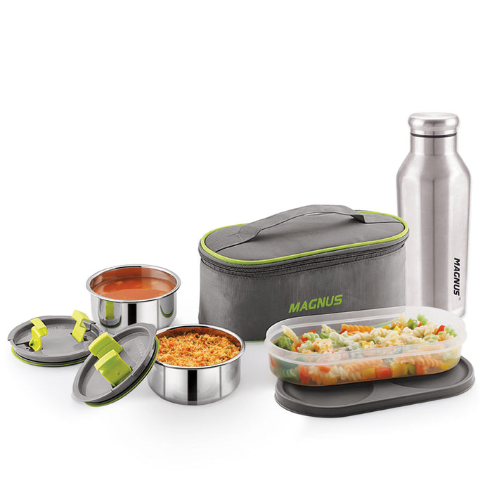 Magnus Olive 3 Stainless Steel Steam Lock Lunch Box with Sporty 900ml Stainless Steel Bottle - Durable Lunch Box for Kids and Functional Lunch Boxes for Office Men