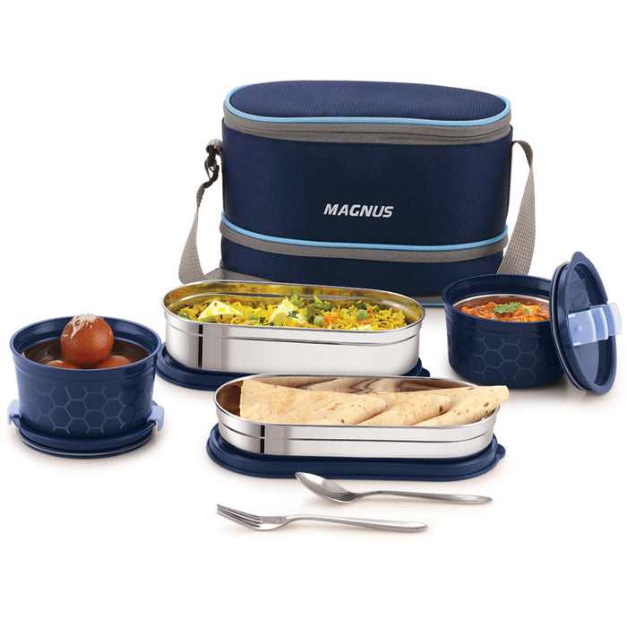 Magnus Microwave Olive-4 Stainless Steel Lunchbox, Microwave Safe, Leak-Proof Containers & Insulated Carry Case - Airtight Food Storage Lunch Box for Kids, Office Men, Women - Dual Long Containers for School, Picnic,1730ml