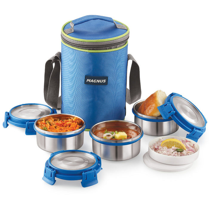 Magnus Aura 3 Deluxe Stainless Steel Lunch Box - Airtight & Leakproof Design with Insulated Cover - Ideal Lunch Box for Kids, Lunch Boxes for Office Men, Women - Premium Tiffin Container (Blue)