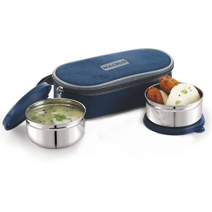Magnus Feast 2 Stainless Steel Lunch Box Set - 700ml with 2 Leakproof Containers & BPA-Free Design, Soft Silicone Lids - Blue Lunch Box for Kids, Ideal Lunch Boxes for Office Men & Women