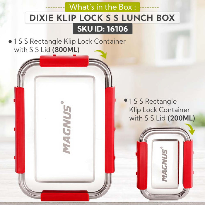 Magnus Dixie Stainless Steel Lunch Box - Airtight & Leak Proof Tiffin, 2 Containers (800ml & 200ml), Ideal Lunch Box for Kids, Lunch Boxes for Office Men, Women & Picnic, Red