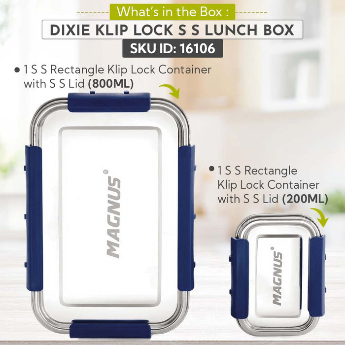Magnus Dixie Stainless Steel Lunch Box - Airtight & Leak Proof Tiffin, 2 Containers (800ml & 200ml), Ideal Lunch Box for Kids, Lunch Boxes for Office Men, Women & Picnic, Blue