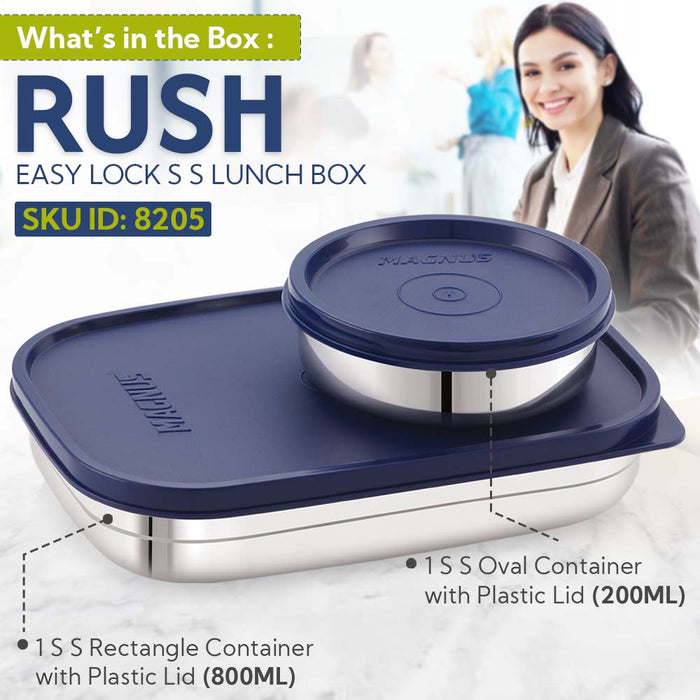 Magnus Rush Stainless Steel Lunch Box - Airtight & Leak Proof Tiffin, 2 Containers (800ml & 200ml), Ideal Lunch Box for Kids, Lunch Boxes for Office Men, Women & Picnic, Blue