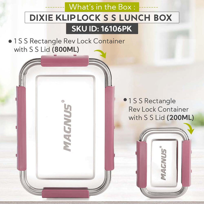 Magnus Dixie Stainless Steel Lunch Box - Airtight & Leak Proof Tiffin, 2 Containers (800ml & 200ml), Ideal Lunch Box for Kids, Lunch Boxes for Office Men, Women & Picnic, Pink