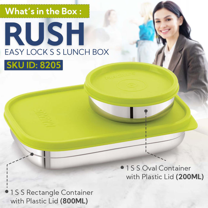 Magnus Rush Stainless Steel Lunch Box - Airtight & Leak Proof Tiffin, 2 Containers (800ml & 200ml), Ideal Lunch Box for Kids, Lunch Boxes for Office Men, Women & Picnic, Green