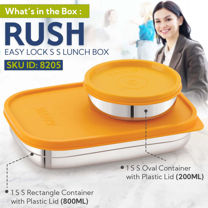 Magnus Rush Stainless Steel Lunch Box - Airtight & Leak Proof Tiffin, 2 Containers (800ml & 200ml), Ideal Lunch Box for Kids, Lunch Boxes for Office Men, Women & Picnic, Orange