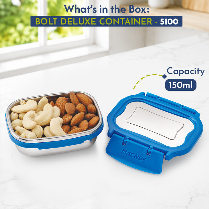 Magnus Bolt Deluxe Stainless Steel Lunchbox for Office & School, Leak-Proof Tiffin with Stainless Steel Lid, Air-Tight Food Storage, Compact 150ml Lunch Box for Kids, Lunch Boxes for Office Men