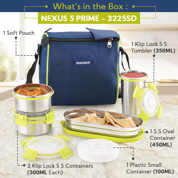 Magnus Nexus 5 Prime Stainless Steel Lunch Box Set | Insulated, Air-Tight, Leakproof Lunch Box for Kids, Office Men & School Tiffin | Suitable for Men, Women - Blue