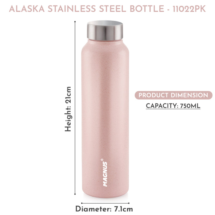 Magnus Alsaka Stainless Steel Water Bottle, Single walled, Leak-Proof, Rust-free, Easy to Carry, Travel Bottle, Pink, 750ml