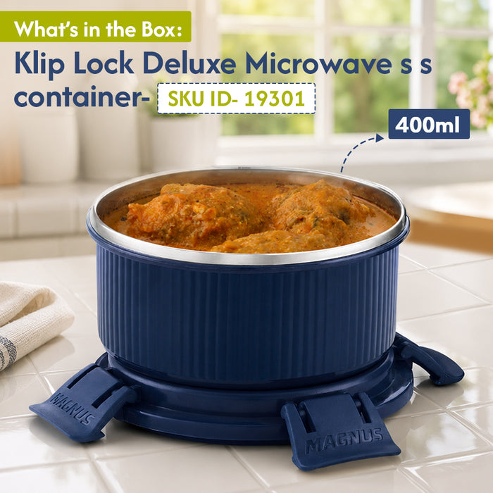 Magnus Klip Lock Deluxe Stainless Steel Microwave Safe Container with Stainless Steel Lid, Snack & Food Storage, Leak & Spill Proof, BPA Free, Food Grade Material