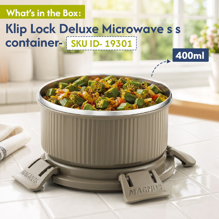 Magnus Klip Lock Deluxe Stainless Steel Microwave Safe Container with Stainless Steel Lid, Snack & Food Storage, Leak & Spill Proof, BPA Free, Food Grade Material, 400ml, beige