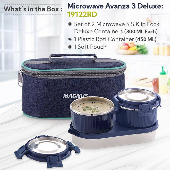 Magnus Microwave Avanza 3 Deluxe  - Stainless Steel Leakproof Lunch Box for Kids with Klip Lock & Insulated Bag | Airtight BPA-Free Tiffin | Ideal Lunch Boxes for Office Men, Women, School | Durable Food Containers
