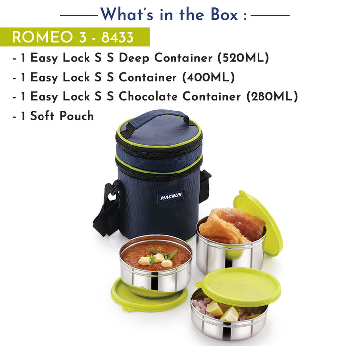 Magnus Romeo Stainless Steel Lunch Box Set with 4 Leakproof Containers & Insulated Bag – Airtight Tiffin for Office, School, Kids, Men, Women – Rust-Resistant Lunch Box for Kids & Office Men – Green