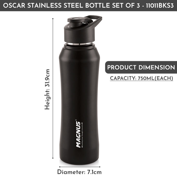Magnus Oscar Single Wall Stainless Steel Water Bottle for School, Office, Home, Gym, Leakproof, Rust free, Black - 750ml, Set of 3