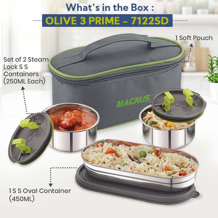 Magnus Olive-3 Prime Steam Lock Stainless Steel Lunch Box for Kids, Lunch Boxes for Office Men, Women, Leak-Proof Containers with Carry Case, Airtight Food Storage for School, Picnic