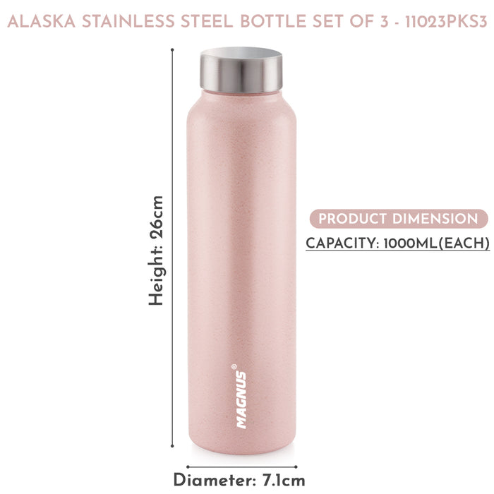 Magnus Alaska Stainless Steel Single Wall Water Bottle 1000ml - Leakproof, Ideal for School, Home, Gym, Durable Water Bottles for Every Use - Pink, Set of 3