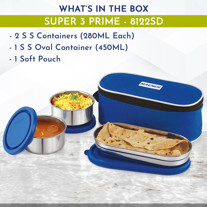 Magnus Super 3 Prime Stainless Steel Lunch Box for Office & School | Leak-Proof Lunch Box for Kids | Lunch Boxes for Office Men | Compact & Air-Tight Design | Safe Plastic Cover | Blue