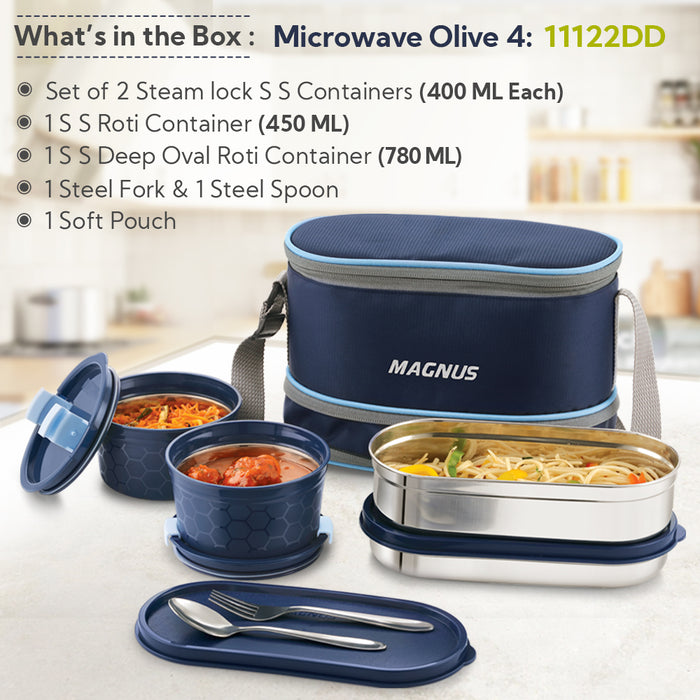 Magnus Microwave Olive-4 Stainless Steel Lunchbox, Microwave Safe, Leak-Proof Containers & Insulated Carry Case - Airtight Food Storage Lunch Box for Kids, Office Men, Women - Dual Long Containers for School, Picnic,1730ml