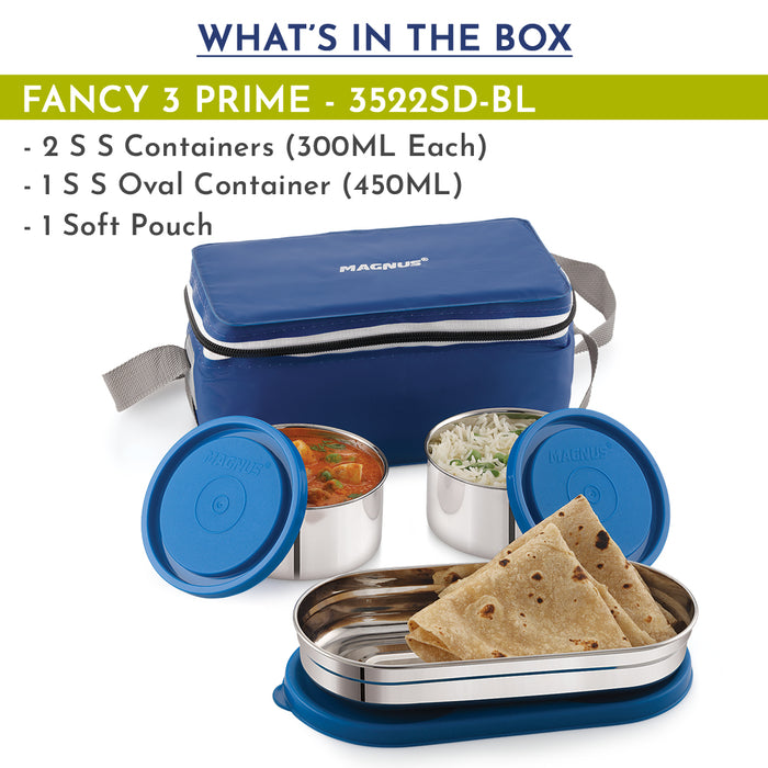Magnus Fancy 3 Prime Steel Lunch Box Set | Leak-Proof Lunch Box for Kids | Lunch Boxes for Office Men & Women | Tiffin with 3 Compartments & Washable Cover | Safe & Stylish Design (Blue)