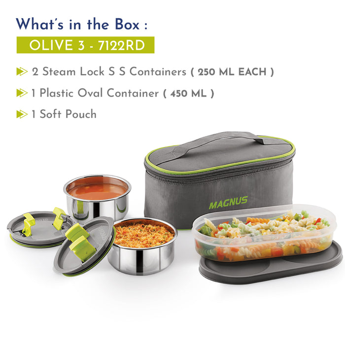 Magnus Olive 3 Lunch Box Set: Leak-Proof Stainless Steel Containers with Thermal Bag - Lunch Box for Kids and Lunch Boxes for Office Men - Airtight & Insulated Food Tiffin (950 ml)