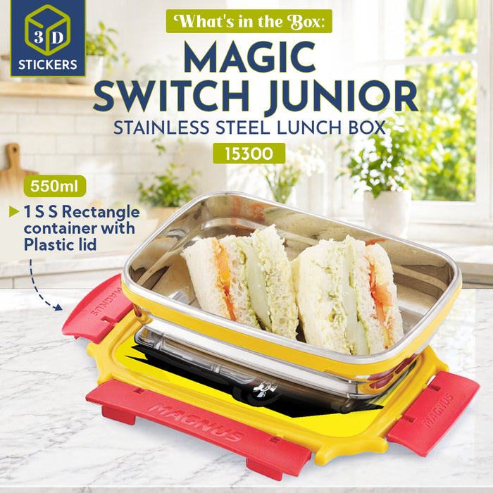 Magnus Magic Switch Junior Stainless Steel Lunch Box for Kids & School | 550 ml Container Container | Airtight & Leakproof Tiffin Box with 3D Lenticular Sticker & Detachable Clips | Red, Yellow