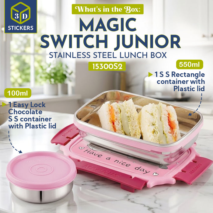 Magnus Magic Switch Junior Stainless Steel Lunch Box for Kids & School | 550 ml Main Container + 100ml Round Container | Airtight & Leakproof Tiffin Box with 3D Lenticular Sticker | Pink