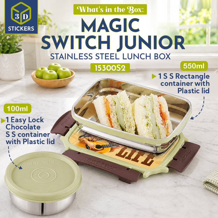 Magnus Magic Switch Junior Stainless Steel Lunch Box for Kids & School | 550 ml Main Container + 100ml Round Container | Airtight & Leakproof Tiffin Box with 3D Lenticular Sticker | Brown