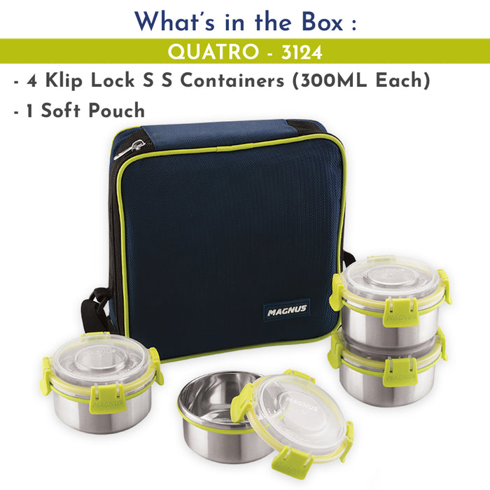 Magnus Quatro 4-Piece Stainless Steel Lunch Box Set | Airtight, Leakproof Containers | Insulated Cover & Bag | BPA Free | Ideal Lunch Box for Kids, Office Men, Women | Office & School Tiffin