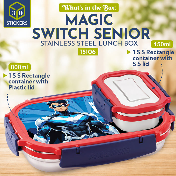 Magnus Magic Switch Senior Stainless Steel Lunch Box for Kids & School | 800ml Main Container + 150ml SS Container | Airtight & Leakproof Tiffin Box with 3D Lenticular Sticker | Red & Blue