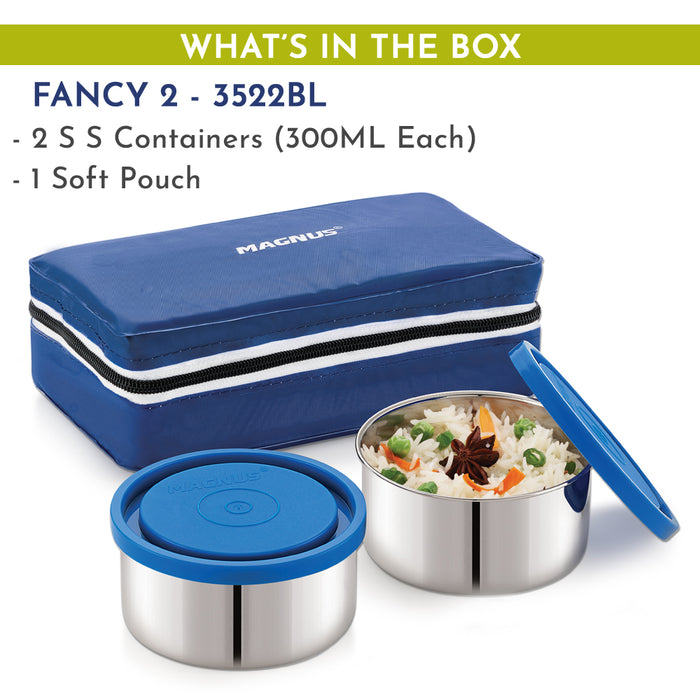 Magnus Fancy 2 Steel Lunch Box Set - Leak-Proof Containers for Office & School | 1050ml | Carry Bag for Men, Women | Stylish Lunch Box for Kids & Lunch Boxes for Office Men, Blue