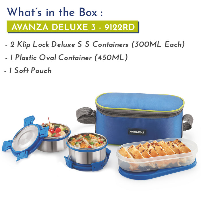 Magnus Avanza 3 Deluxe Stainless Steel Lunch Box with Plastic Container | Airtight & Leakproof | Ideal Lunch Box for Kids & Lunch Boxes for Office Men and Women with Carrying Pouch