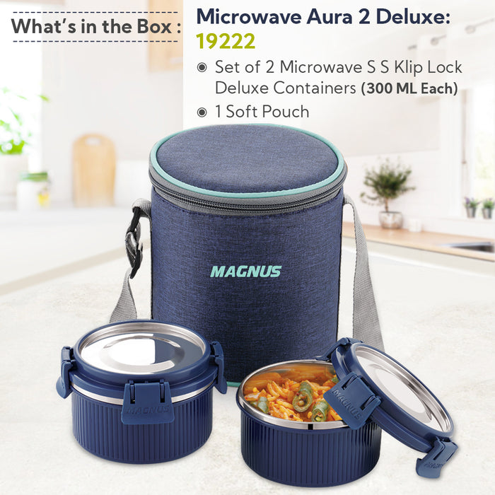 Magnus Microwave Aura 2 Deluxe Microwave Safe Ribbed Stainless Steel Lunch Box Set with Tiffin Bags & Pouch | Airtight, Leakproof Containers | Lunch Box for Kids, Lunch Boxes for Office Men, Women, School