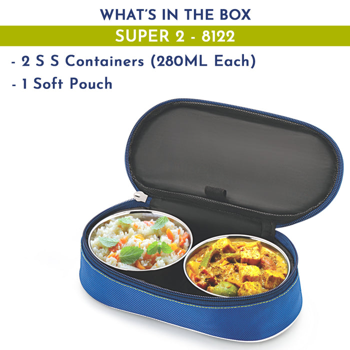 Magnus Super 2 Stainless Steel Lunch Box | Leak-Proof Containers with Safe Plastic Cover | Compact & Air-Tight Design Lunch Box for Kids, School, and Office Men | Blue