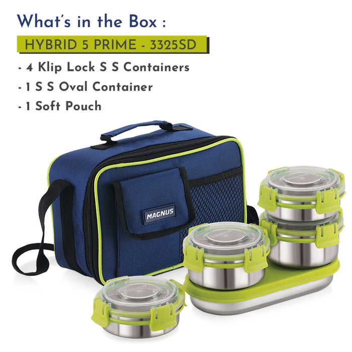 Magnus Hybrid 5 Prime Lunch Box - Premium Stainless Steel Tiffin Set for Kids, Boys, Men and Women - Ideal Lunch Boxes for Office Men, Leakproof Containers, Insulated Cover