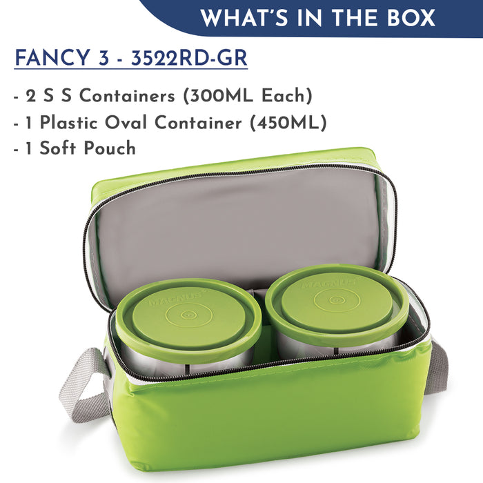 Magnus Fancy 3 Steel Lunch Box Set with Leak-Proof Containers, 3 Compartments, Washable Cover, Stylish Carry Bag - Lunch Box for Kids, Lunch Boxes for Office Men and Women, Safe Design (Green)