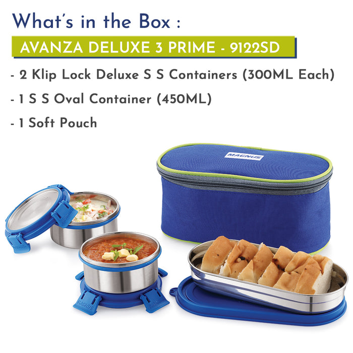 Magnus Avanza 3 Deluxe Prime Lunch Box Set | Stainless Steel, Airtight, Leakproof | Lunch Box for Kids | Lunch Boxes for Office Men | Insulated Cover, Roti Tiffin, Fork & Spoon