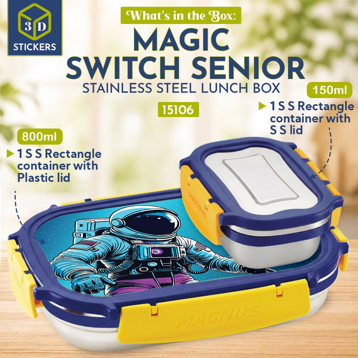 Magnus Magic Switch Senior Stainless Steel Lunch Box for Kids & School | 800ml Main Container + 150ml SS Container | Airtight & Leakproof Tiffin Box with 3D Lenticular Sticker | Blue & Yellow