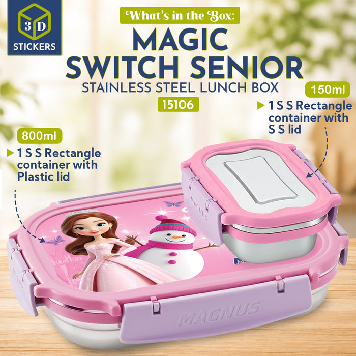 Magnus Magic Switch Senior Stainless Steel Lunch Box for Kids | 800ml Main Container + 150ml SS Container | Airtight & Leakproof Tiffin Box with 3D Lenticular Sticker & Detachable Clips | Pink