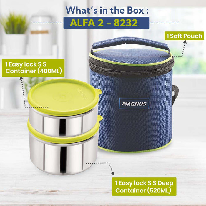 Magnus Alfa-2 Stainless Steel Lunch Box Set with Leak-Proof Containers & Insulated Bag - Air-Tight Lunch Box for Kids, Safe Lunch Boxes for Office Men, Ideal Tiffin for School & Work (Blue)