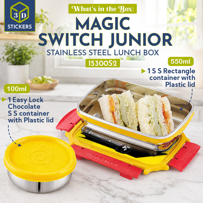 Magnus Magic Switch Junior Stainless Steel Lunch Box for Kids & School | 550 ml Main Container + 100ml Round Container | Airtight & Leakproof Tiffin Box with 3D Lenticular Sticker | Red, Blue