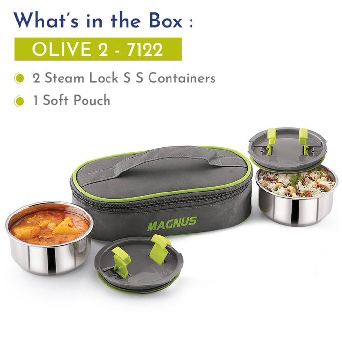Magnus Olive-2 Stainless Steel Lunch Box for Kids, Lunch Boxes for Office Men - Leak-Proof Containers, Insulated Carry Case, Airtight Food Storage for School, Office, Picnic