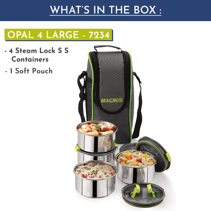 Magnus Opal 4 Stainless Steel Lunchbox Set with Bag - Leak-Proof, Insulated Lunch Box for Kids, Lunch Boxes for Office Men and Women - 4 Containers, 350ml Each, with Smart Steam Lock Mechanism