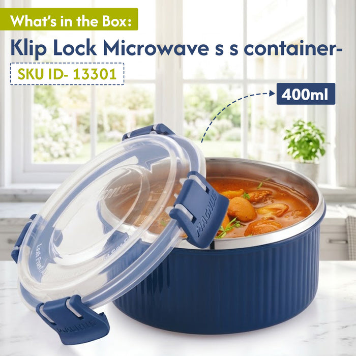 Magnus Klip Lock Stainless Steel Microwave Safe Container with Plastic Lid, Snack & Food Storage, Leak & Spill Proof, BPA Free, Food Grade Material, 450ml