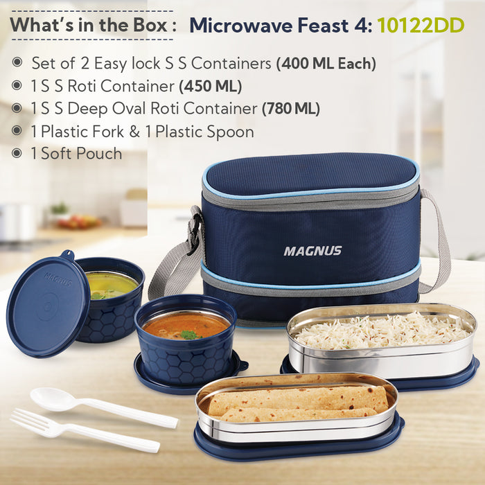 Magnus Microwave Feast 4 Prime, Microwave Safe Stainless Steel Lunch Box Set | Leakproof Tiffin for Men & Women | BPA-Free Containers | Lunch Box for Kids | Lunch Boxes for Office Men | Black