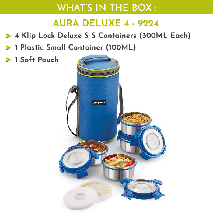 Magnus Aura 4 Deluxe Stainless Steel Lunch Box for Kids | Airtight, Leakproof, Insulated | Ideal Lunch Boxes for Office Men, Women | Hot Meals | Convenient Carrying Pouch (Blue)