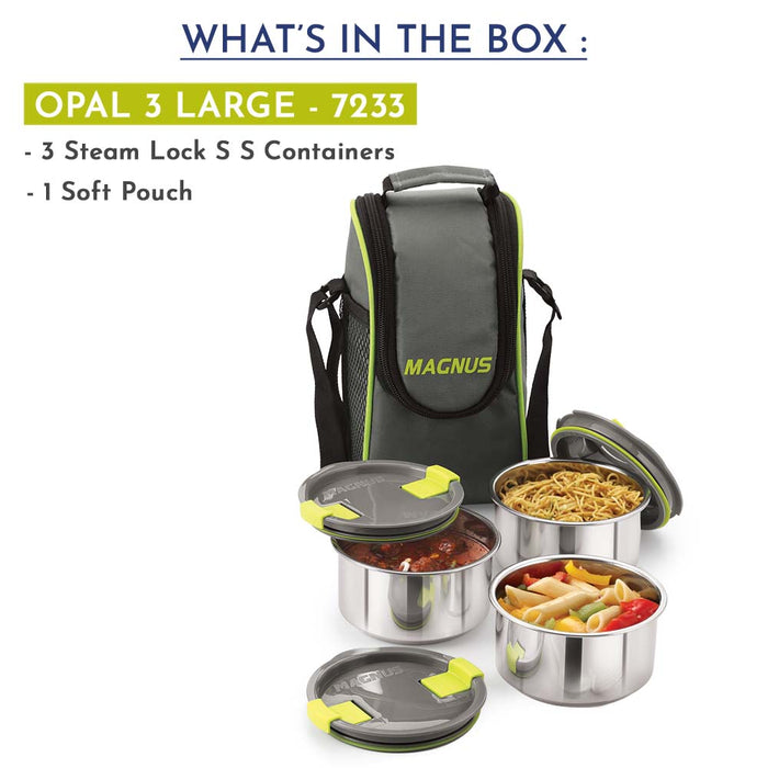 Magnus Opal 3 Stainless Steel Lunchbox Set - Leak-Proof Lunch Box for Kids, Insulated Bag with 3 Containers (350ml each), Smart Steam Lock, Ideal Lunch Boxes for Office Men, Women, School